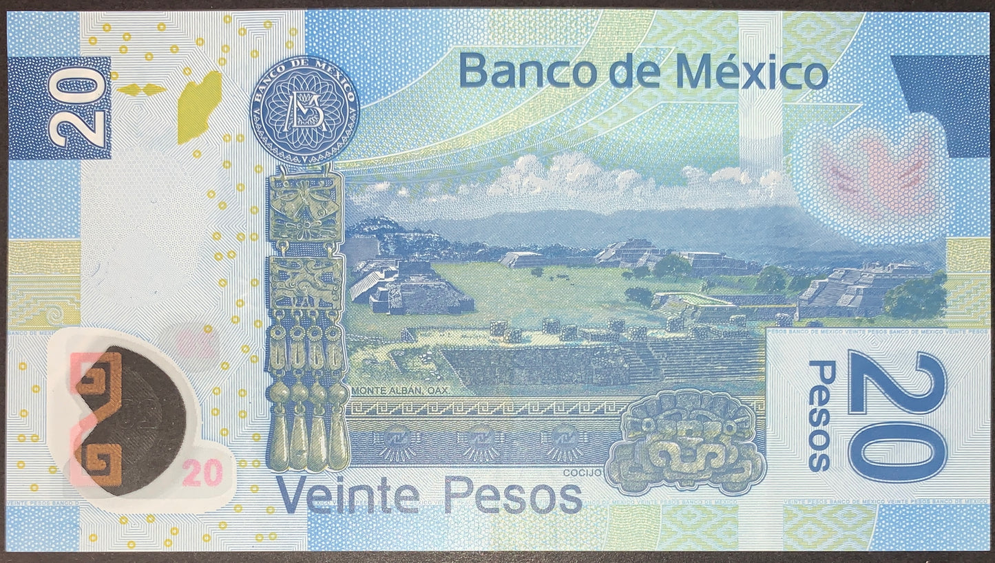 back of México 20 Pesos 2012 P-122r UNC Polymer collectible modern banknote with landscape of ancient ruins