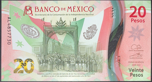 front of México 20 Pesos 2021 UNC Polymer Commemorative Banknote collectible currency