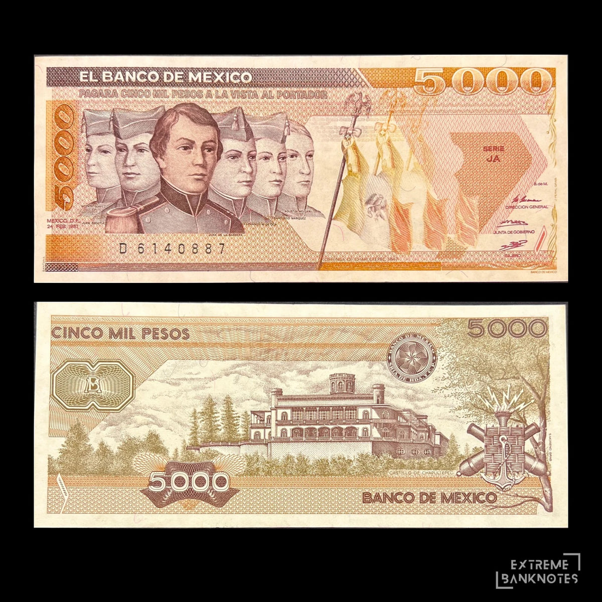 Front view of a crisp, uncirculated 1987 Mexico 5000 Pesos banknote featuring the portraits of the six Niños Héroes (Boy Heroes) and the Mexican flag. Back view of a 1987 Mexico 5000 Pesos banknote showcasing a detailed vintage engraving of the historic Chapultepec Castle in Mexico City.
