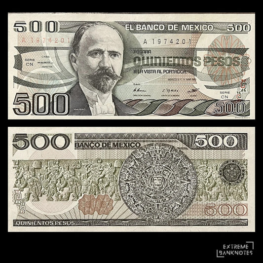 Mexico 500 Pesos 1983 P-79a AUNC banknote – front with Francisco I. Madero, back with the Aztec Calendar Stone