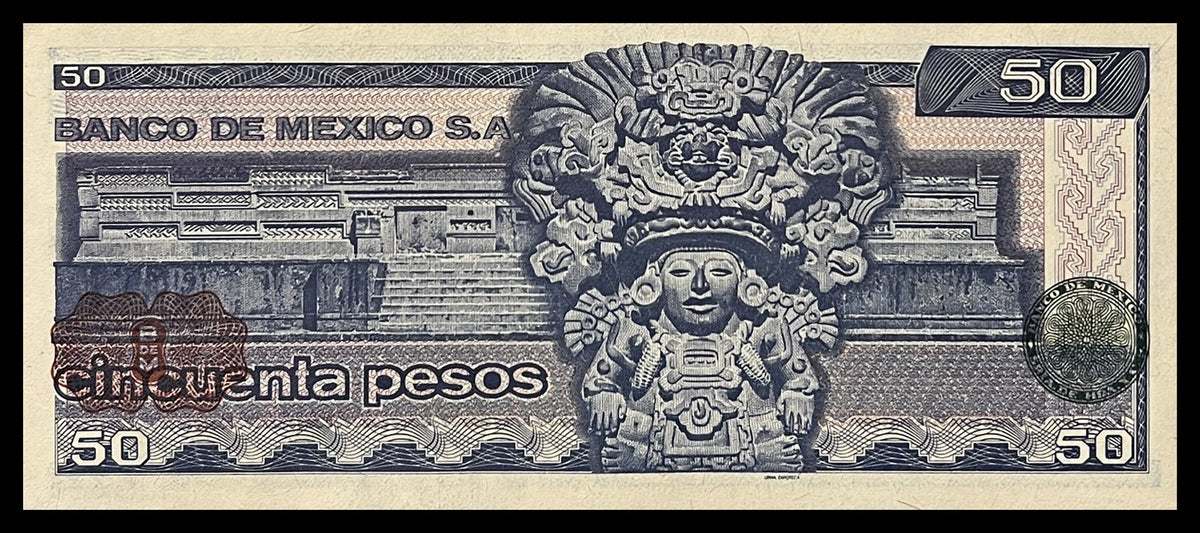 Back view of a 1981 Mexico 50 Pesos banknote showing a Zapotec funerary urn before the Palace of the Columns at Mitla.