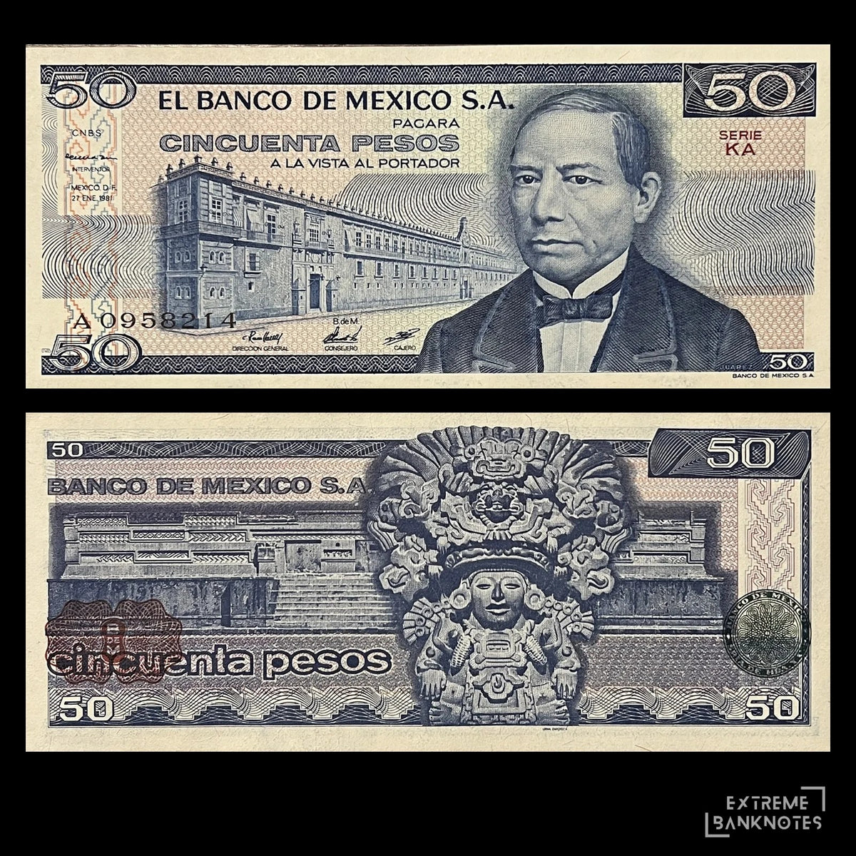 Mexico 50 Pesos 1981 P-73 AUNC banknote – front with Benito Juárez and the National Palace, back with a Zapotec urn and Mitla