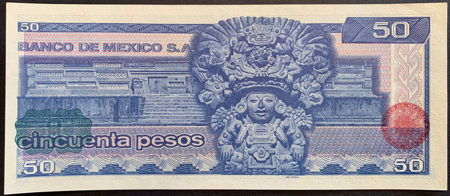 México 50 Pesos 1981 P-73 vintage banknote with building and traditional statue