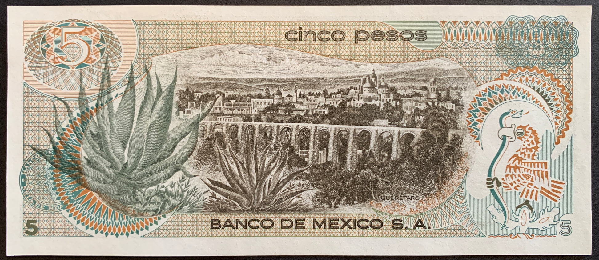 Mexican 5 Pesos 1971 P-62b vintage banknote with bridge and aloe very plant
