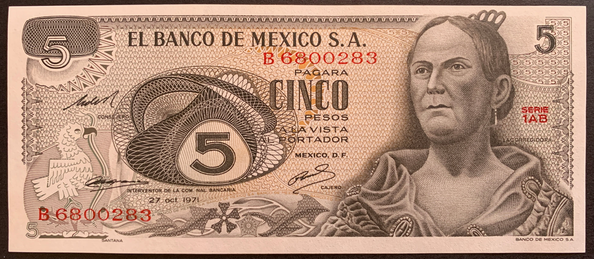 5 Pesos 1971 P-62b mexican vintage banknote with bird and portrait of woman