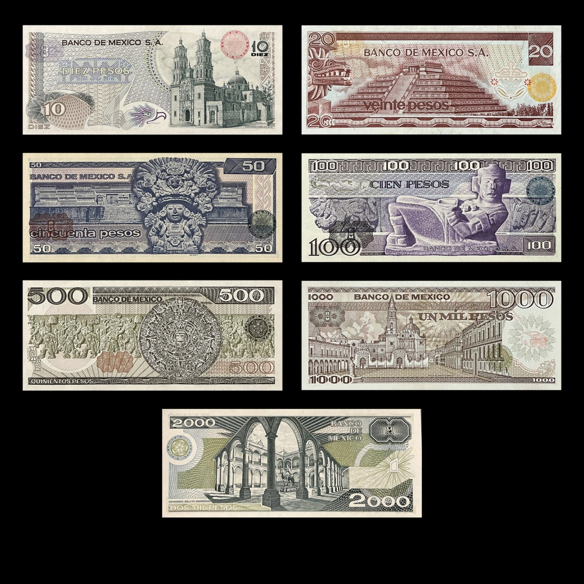 Backs of the Mexico 7-note peso set showing Dolores Hidalgo church, Teotihuacan pyramid, Zapotec urn, Chac Mool, Aztec Calendar Stone, Plaza de Santo Domingo and the old university courtyard