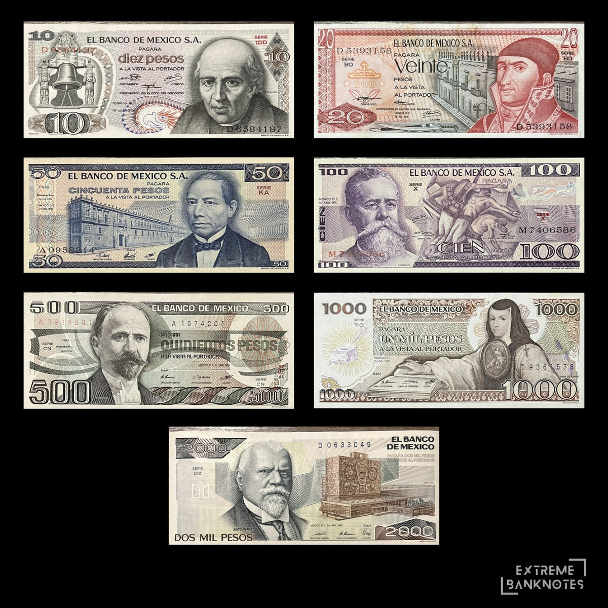 Mexico 7-note peso set 1973–1989 – fronts of the 10, 20, 50, 100, 500, 1000 and 2000 Pesos with Hidalgo, Morelos, Juárez, Carranza, Madero, Sor Juana and Justo Sierra