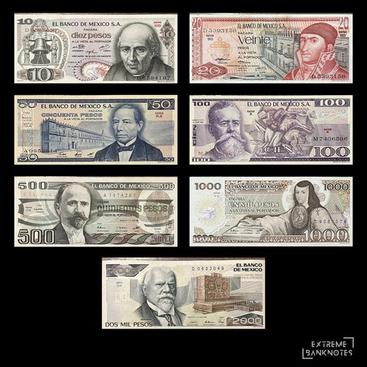 Mexico 7-note peso set 1973–1989 – fronts of the 10, 20, 50, 100, 500, 1000 and 2000 Pesos with Hidalgo, Morelos, Juárez, Carranza, Madero, Sor Juana and Justo Sierra