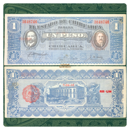 front and back of Mexico, State of Chihuahua 1 Peso 1914 P-S529 XF collectible vintage banknote