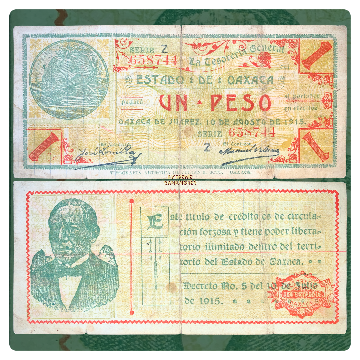 front and back of Mexico, State of Oaxaca 1 Peso 1915 P-S953e VG collectible vintage American banknote