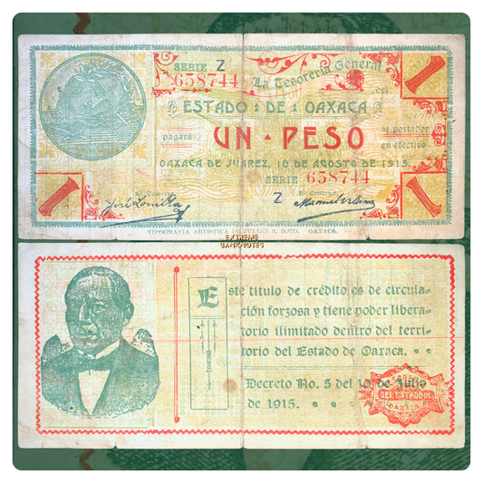 front and back of Mexico, State of Oaxaca 1 Peso 1915 P-S953e VG collectible vintage American banknote