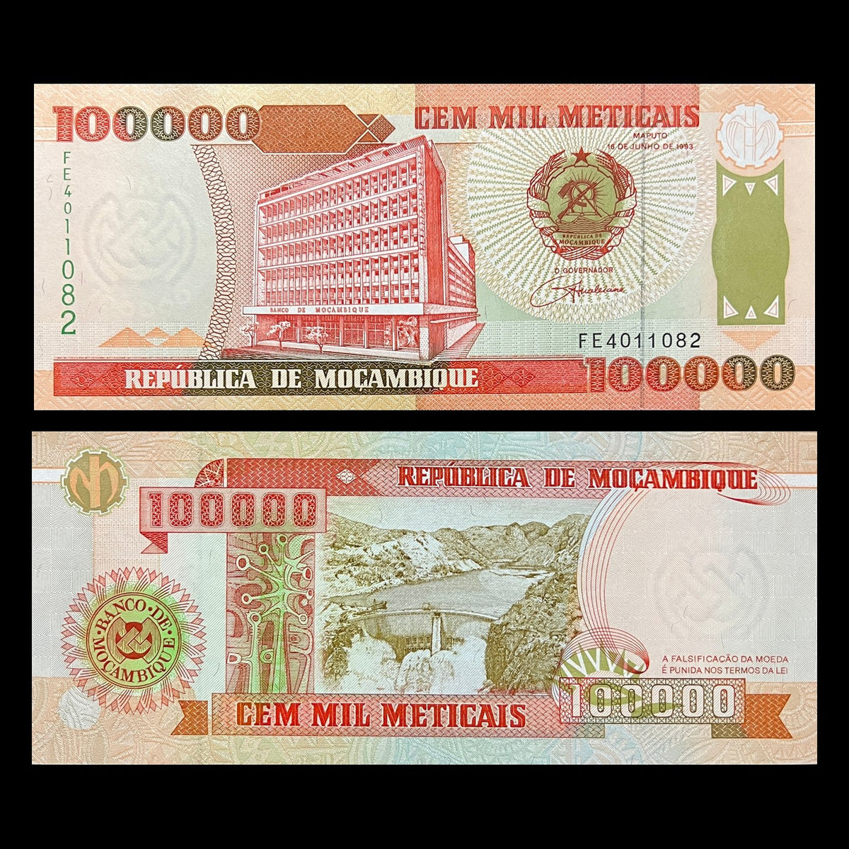 Mozambique 100000 Meticais 1993 P-139 UNC banknote – front with the Bank of Mozambique building, back with the Cahora Bassa dam