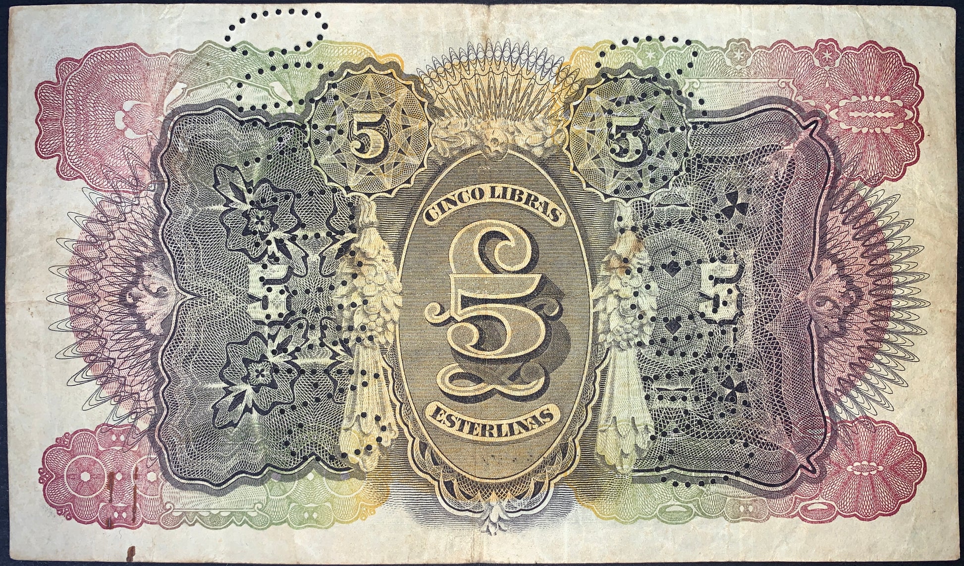 back of Mozambique 5 Libras 1934 P-R32 F CANCELLED collectible vintage banknote