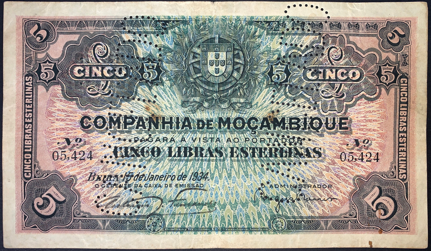 front of Mozambique 5 Libras 1934 P-R32 F CANCELLED collectible vintage banknote