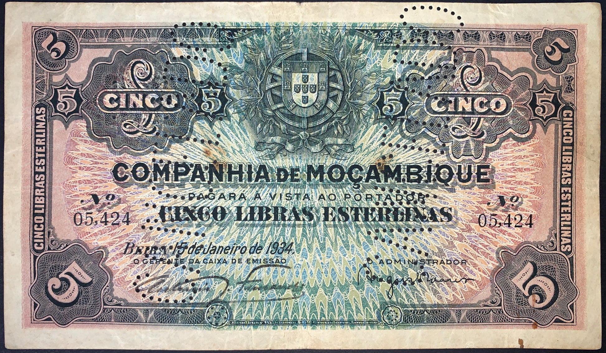 front of Mozambique 5 Libras 1934 P-R32 F CANCELLED collectible vintage banknote