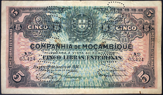 front of Mozambique 5 Libras 1934 P-R32 F CANCELLED collectible vintage banknote