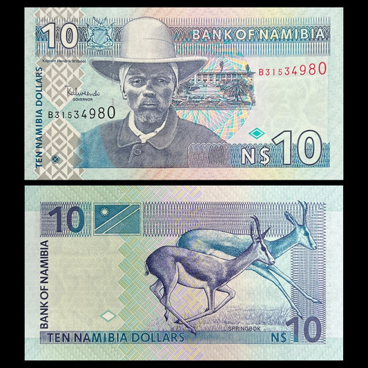 Namibia 10 Dollars 2001 P-4b UNC banknote – front with Kaptein Hendrik Witbooi and the Windhoek parliament building, back with two running springbok