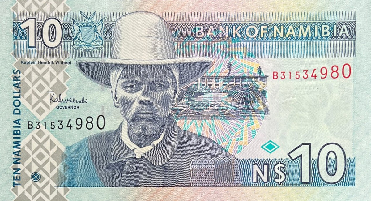 Front view of an uncirculated 2001 Namibia 10 Dollars banknote featuring Kaptein Hendrik Witbooi in his wide-brimmed hat.
