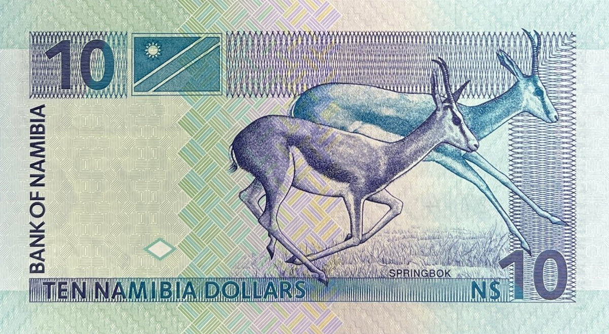 Back view of a 2001 Namibia 10 Dollars banknote showing two springbok running and the flag of Namibia.