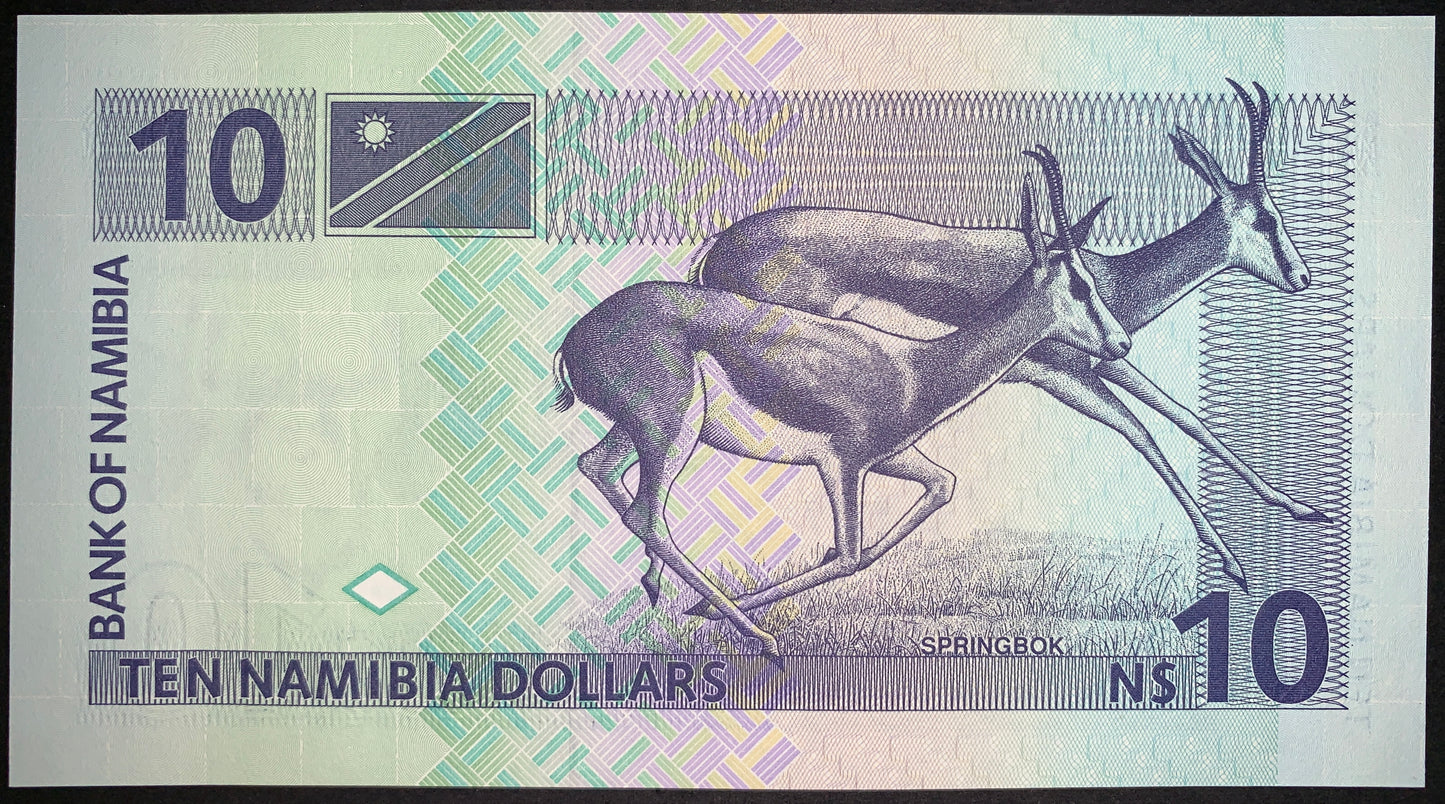 back of Namibia 10 Dollars ND (1993) P-1 UNC collectible vintage banknote with springbok antelopes