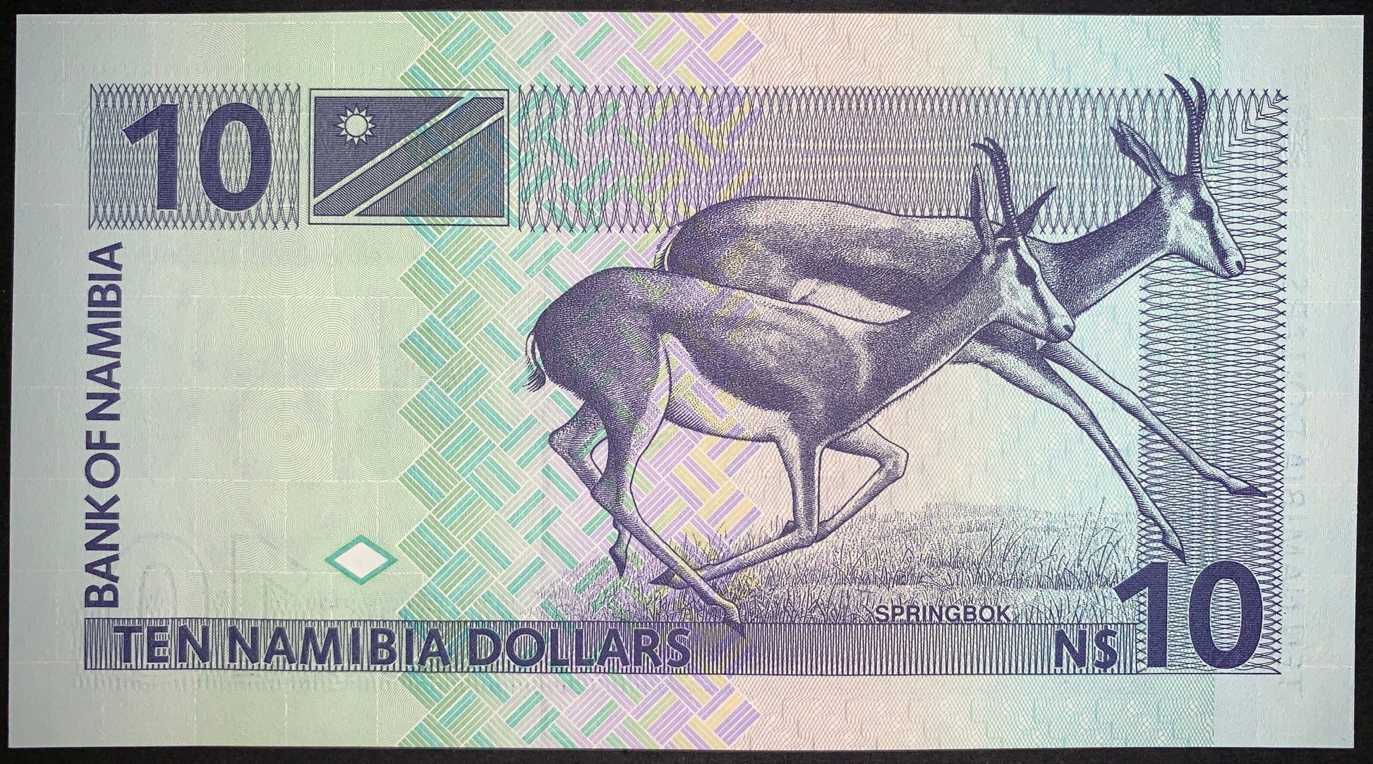 back of Namibia 10 Dollars ND (1993) P-1 UNC collectible vintage banknote with springbok antelopes