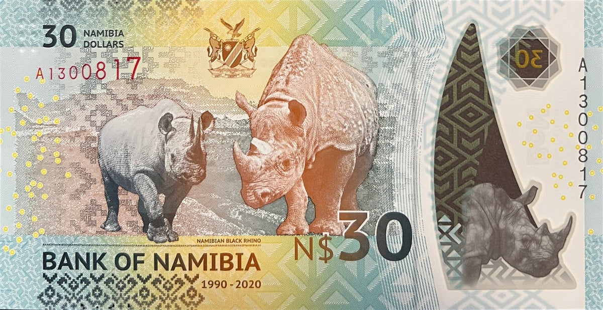 Back view of a 2020 Namibia 30 Dollars polymer banknote showing two Namibian black rhinos and the coat of arms.