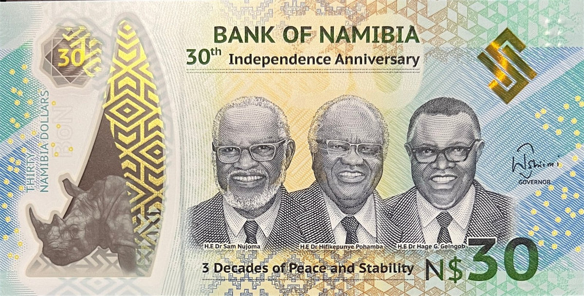 Front view of an uncirculated 2020 Namibia 30 Dollars polymer banknote featuring presidents Sam Nujoma, Hifikepunye Pohamba and Hage Geingob.
