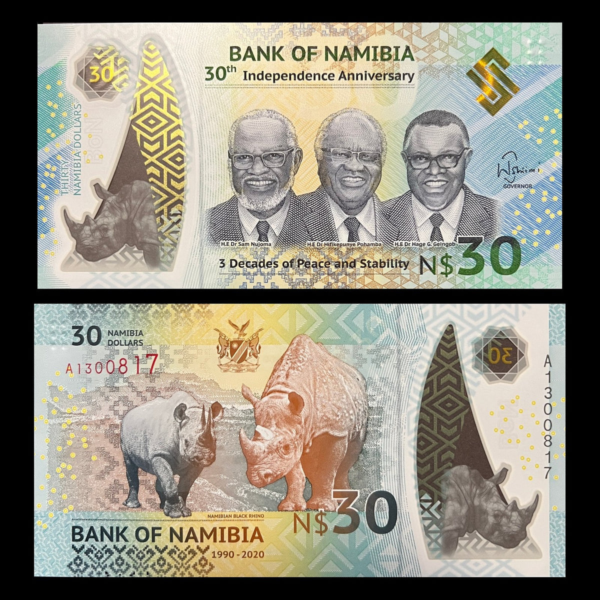 Namibia 30 Dollars 2020 P-18 Polymer UNC banknote – front with presidents Nujoma, Pohamba and Geingob, back with two black rhinos