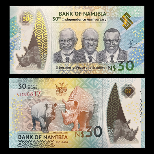 Namibia 30 Dollars 2020 P-18 Polymer UNC banknote – front with presidents Nujoma, Pohamba and Geingob, back with two black rhinos
