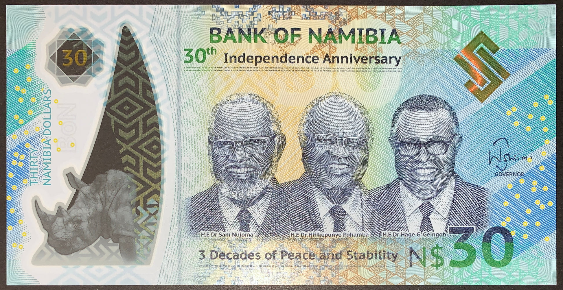 front of Namibia 30 Dollars 2020 P-18 UNC Polymer Commemorative Banknote with rhino and portraits of H.E Dr Sam Nujoma, H.E Dr Hifikepunya Pohamba, and H.E Dr Hage G. Gelngob