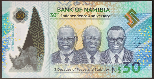 front of Namibia 30 Dollars 2020 P-18 UNC Polymer Commemorative Banknote with rhino and portraits of H.E Dr Sam Nujoma, H.E Dr Hifikepunya Pohamba, and H.E Dr Hage G. Gelngob