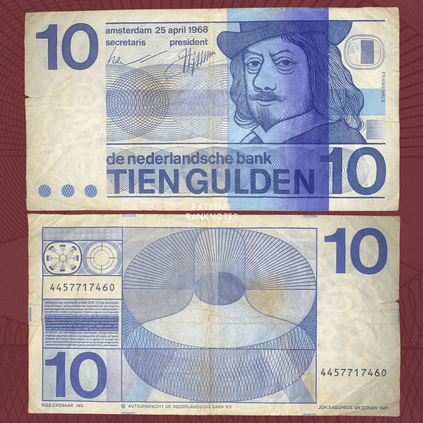 Front and back of an authentic Netherlands 10 Gulden banknote, Pick P-91, issued by De Nederlandsche Bank, featuring painter Frans Hals on the obverse, abstract blue geometric design on the reverse, intricate security patterns, and circulated condition.