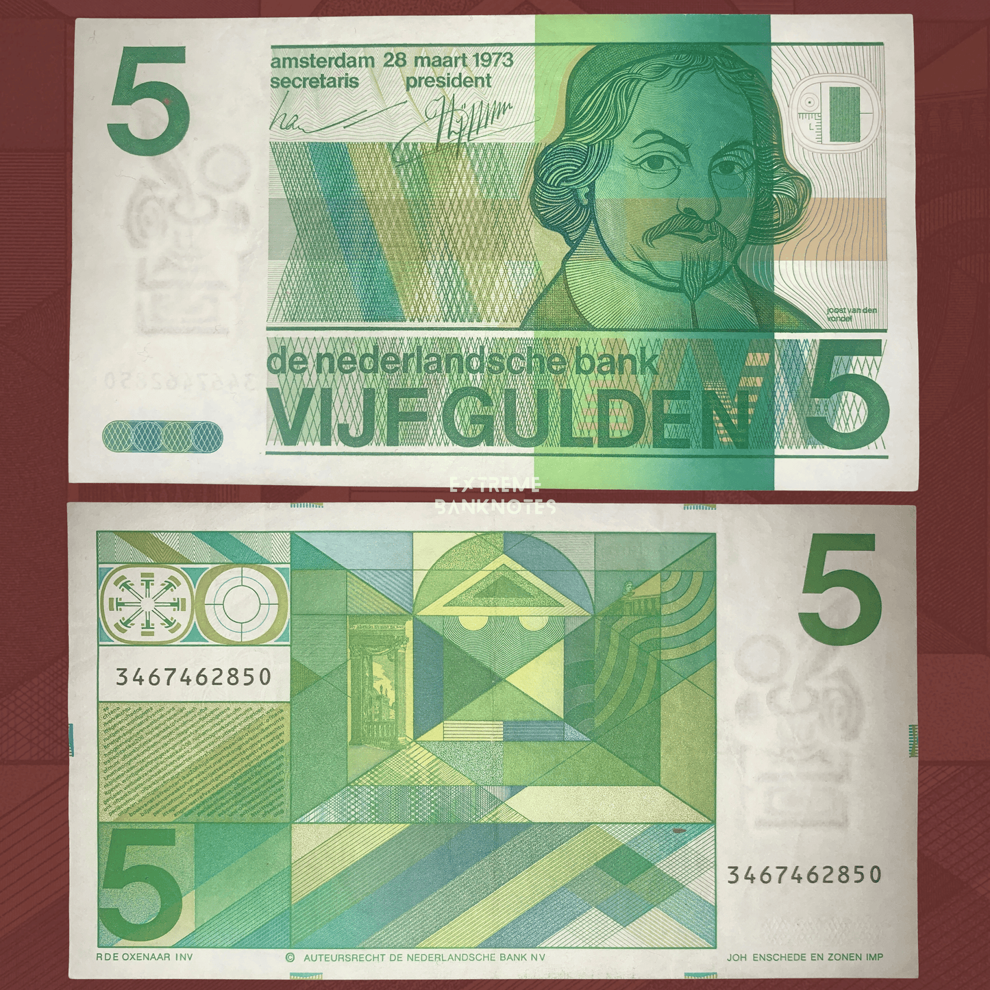 Front and back of an authentic Netherlands 5 Gulden banknote, Pick P-95, issued by De Nederlandsche Bank, featuring poet and playwright Joost van den Vondel on the obverse, colorful geometric artwork on the reverse, intricate security features, and circulated condition.