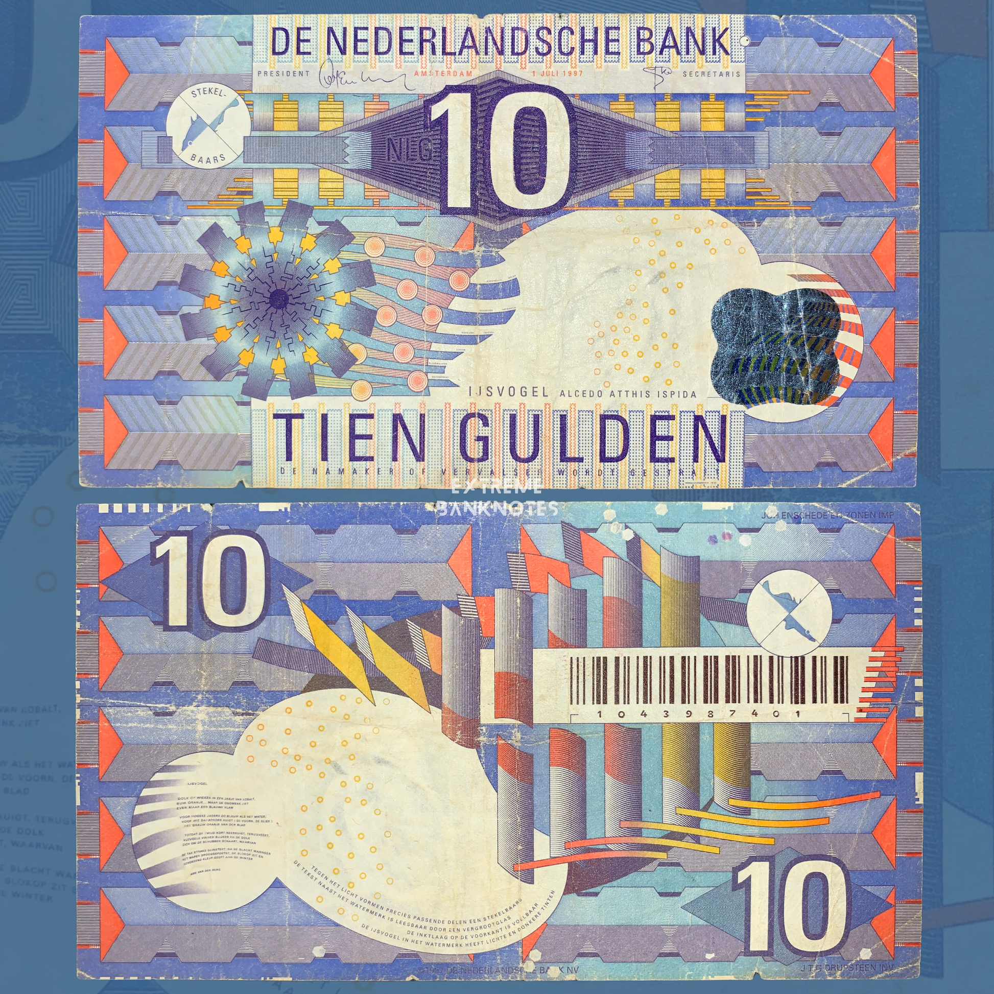 Netherlands 10 Gulden banknote, front and back views, Dutch paper money featuring the colorful kingfisher design and modern security elements