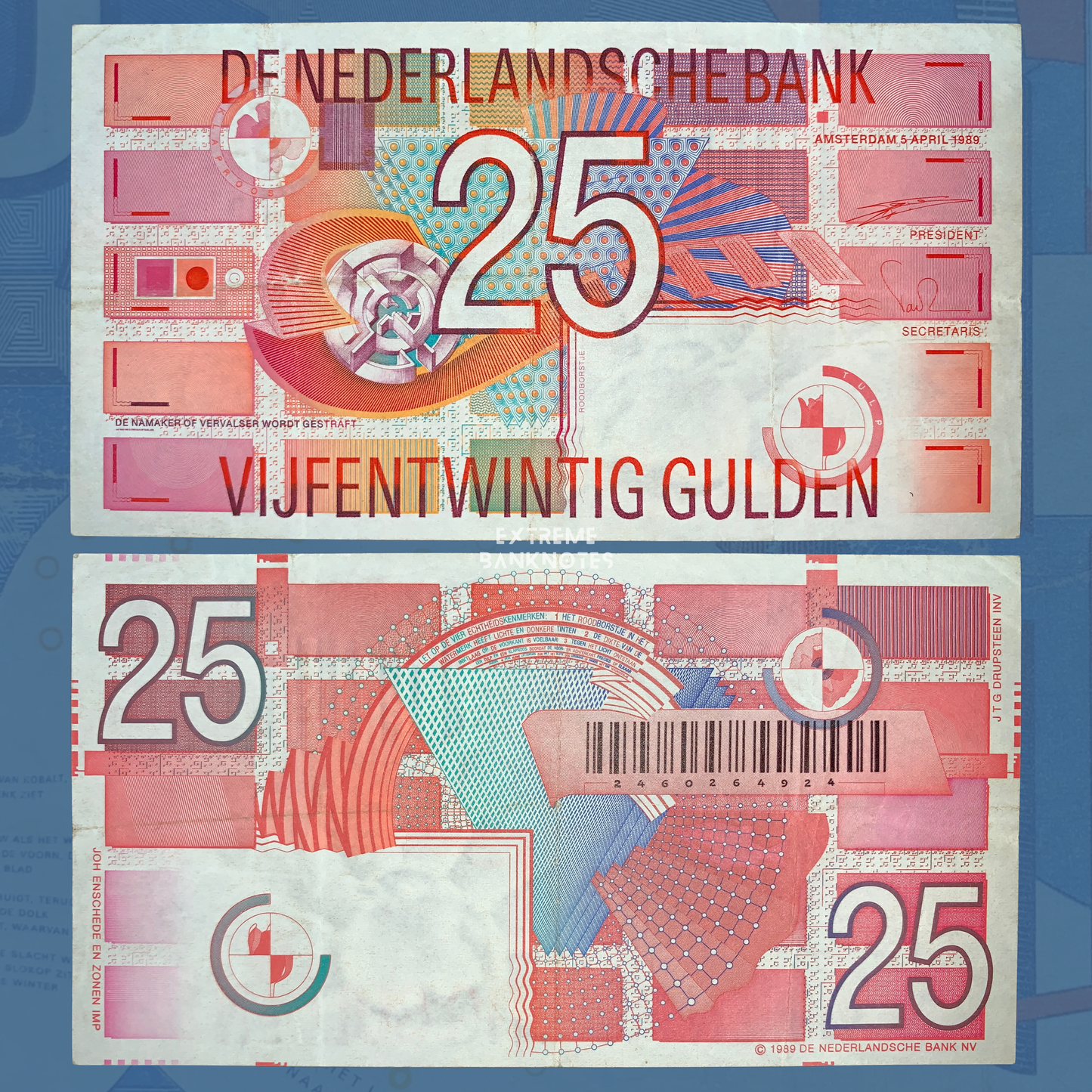 Netherlands 25 Gulden banknote, front and back views, 1989 Dutch gulden currency, abstract geometric design by De Nederlandsche Bank