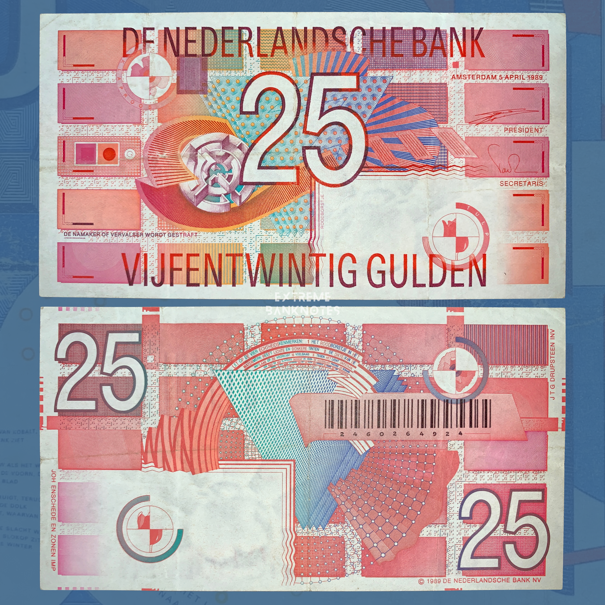 Netherlands 25 Gulden banknote, front and back views, 1989 Dutch gulden currency, abstract geometric design by De Nederlandsche Bank