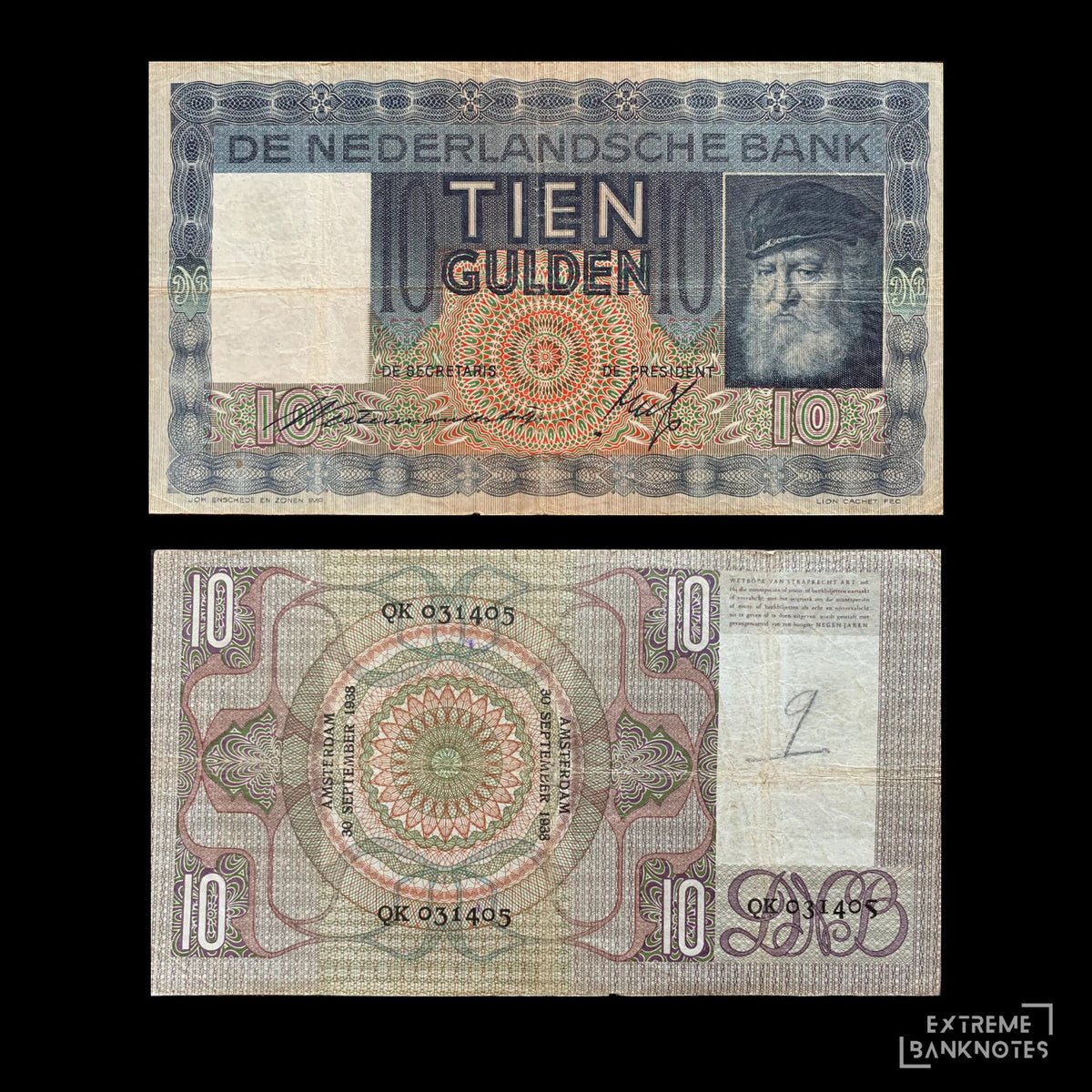 Netherlands 10 Gulden 1938 P-49 VF – front and back
