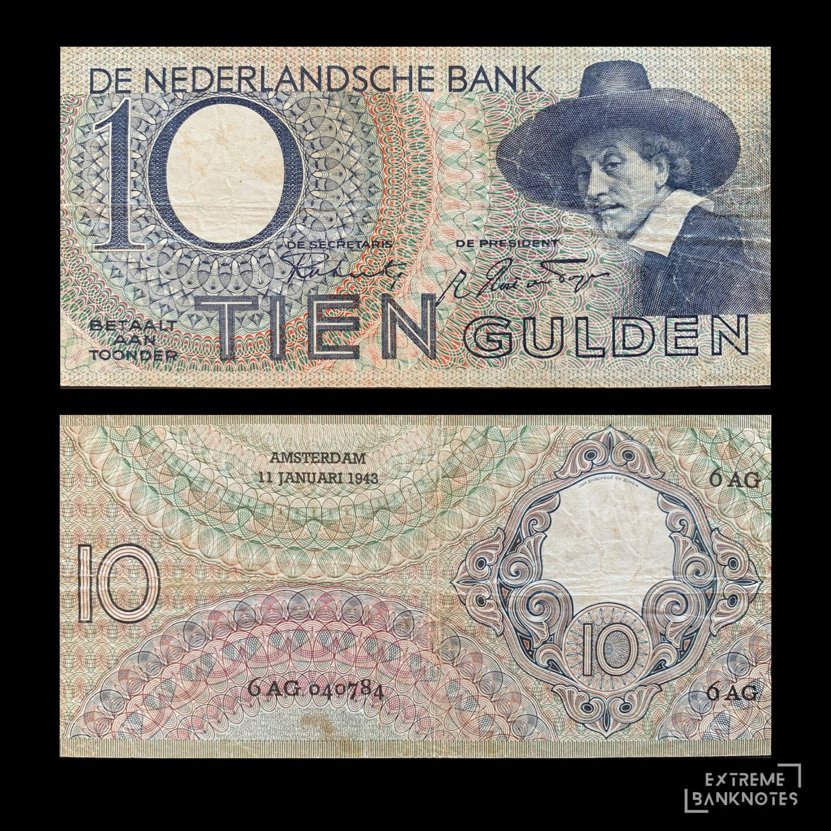 Netherlands 10 Gulden 1943 P-59 F+ – front and back