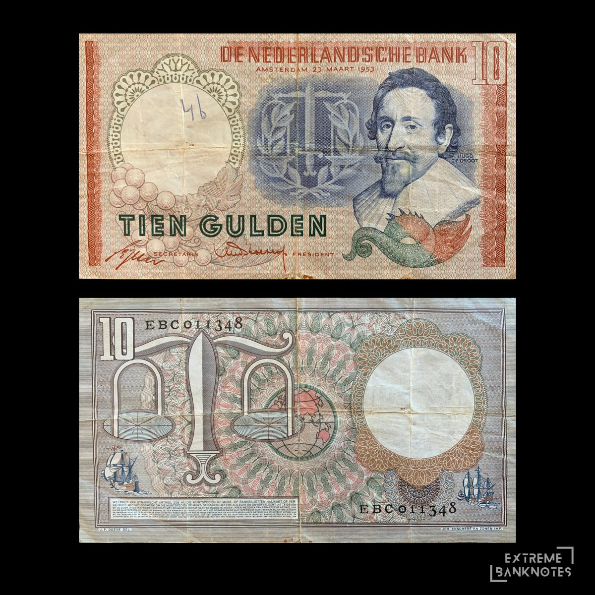 Netherlands 10 Gulden 1953 P-85 F – front and back