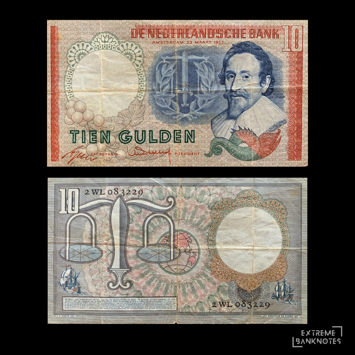 Netherlands 10 Gulden 1953 P-85 VF – front and back