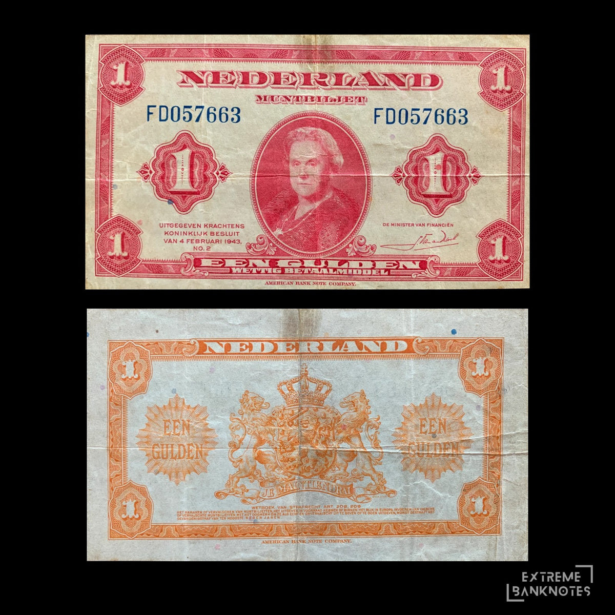 Netherlands 1 Gulden 1943 P-64 VF – front and back