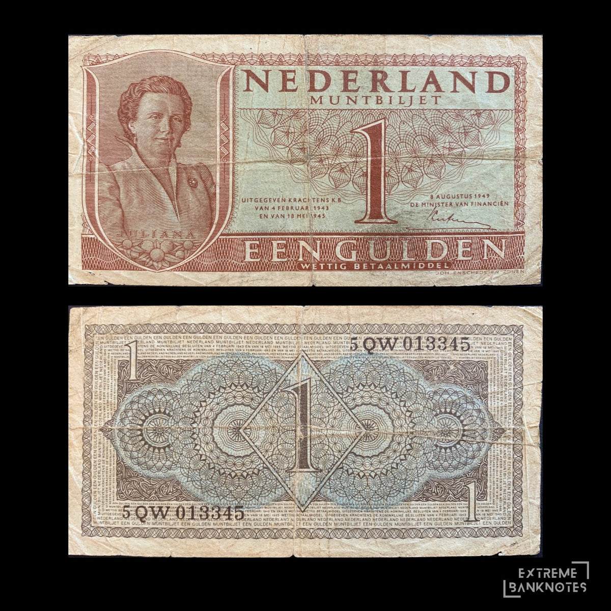Netherlands 1 Gulden 1949 P-72 F – front and back