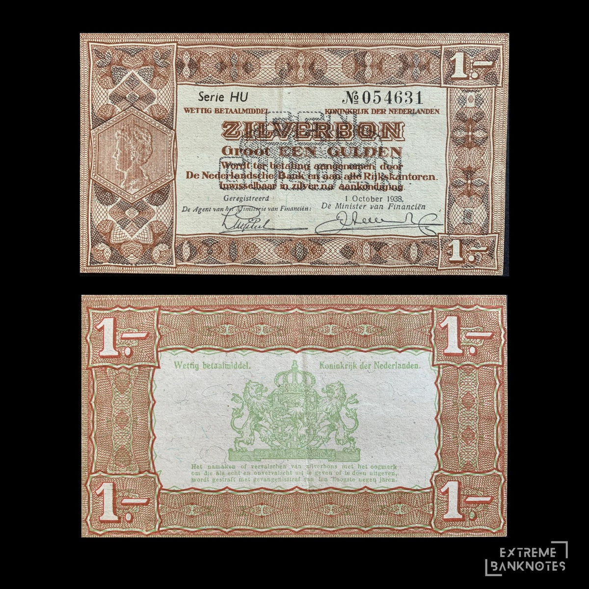 Netherlands 1 Gulden Silver voucher 1938 P-61 XF – front and back