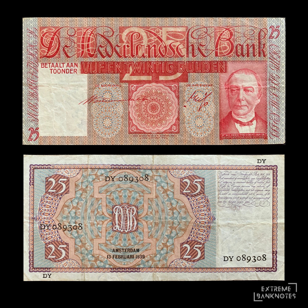 Netherlands 25 Gulden 1939 P-50 VF – front and back