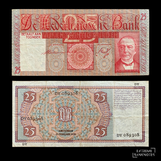 Netherlands 25 Gulden 1939 P-50 VF – front and back