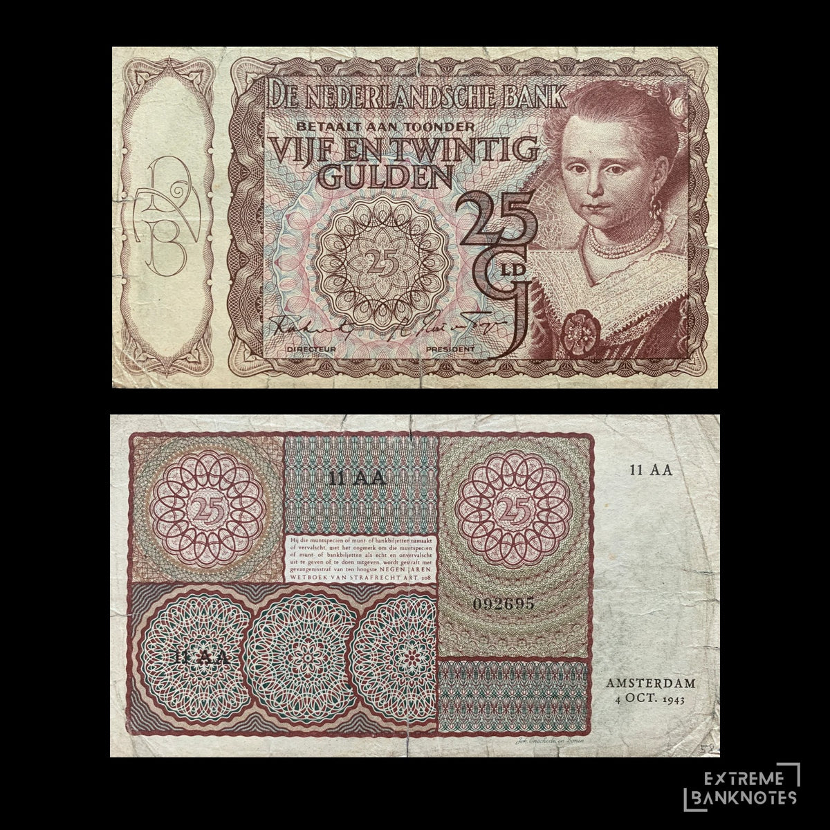 Netherlands 25 Gulden 1943 P-60 F – front and back
