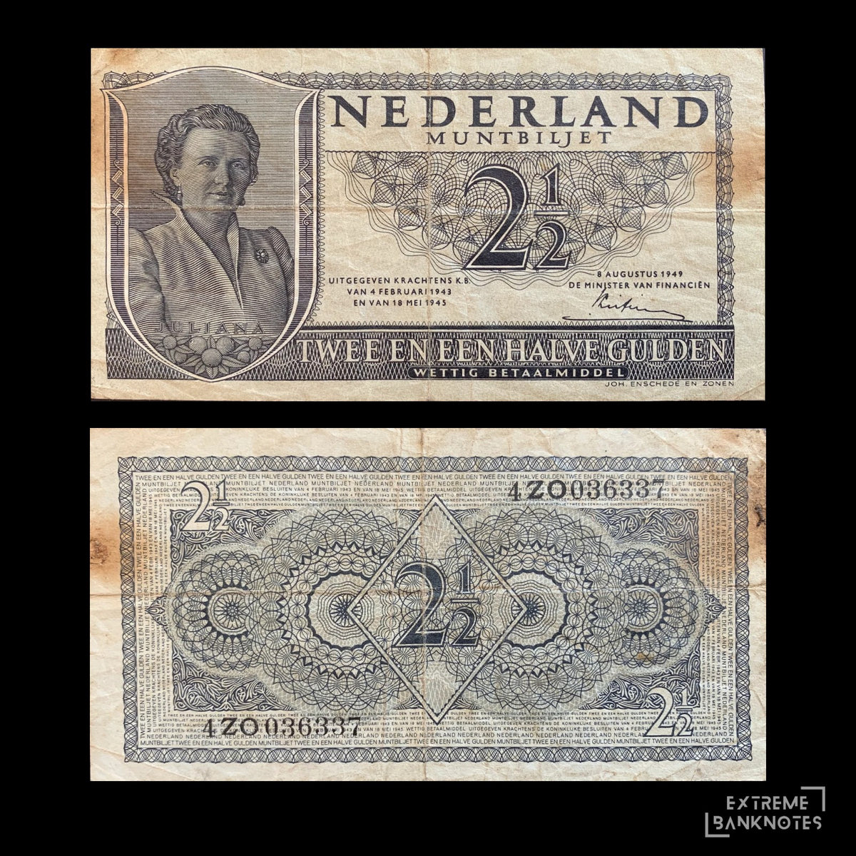 Netherlands 2 1/2 Gulden 1949 P-73 F – front and back