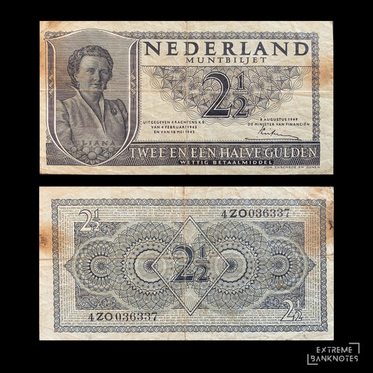Netherlands 2 1/2 Gulden 1949 P-73 F – front and back
