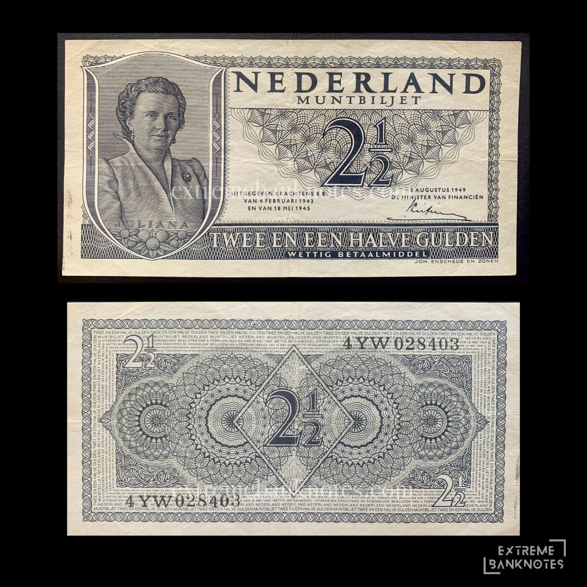 Netherlands 2 1/2 Gulden 1949 P-73 VF – front and back