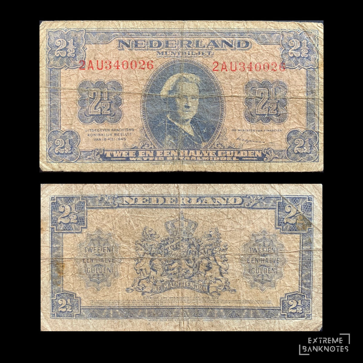 Netherlands 2½ Gulden 1945 P-71 F – front and back